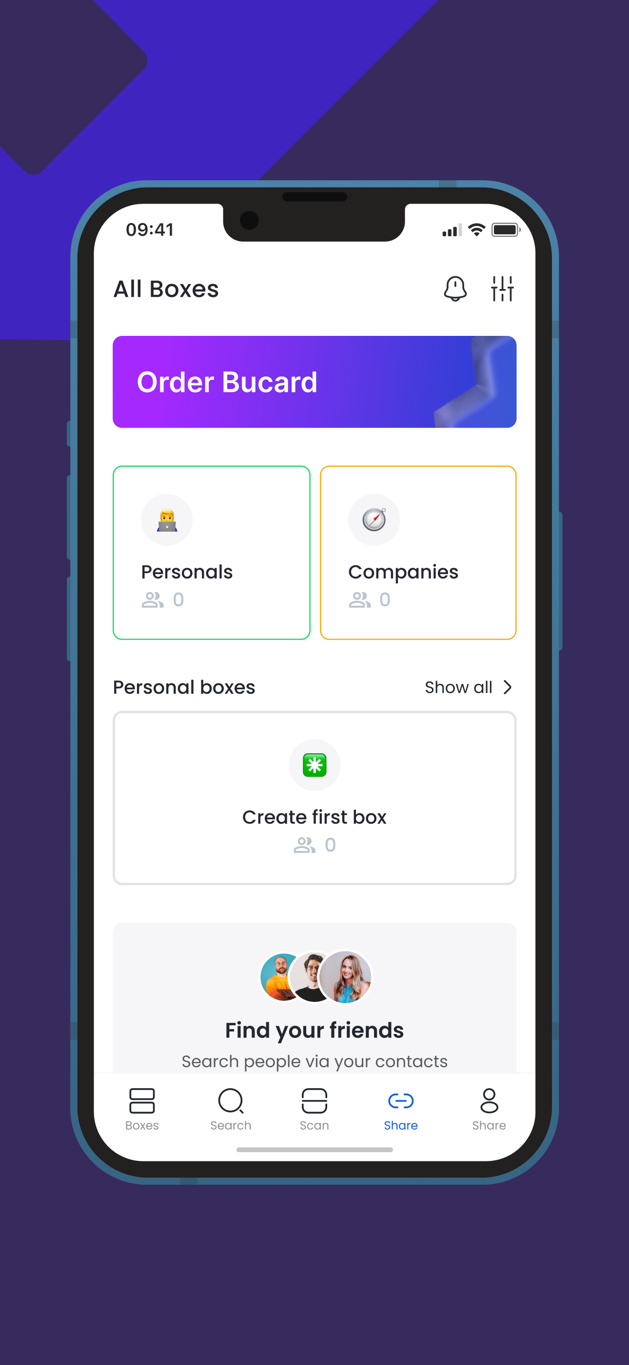 BuCard iOS home screen with All boxes, Order Bucard banner, Personals and Companies