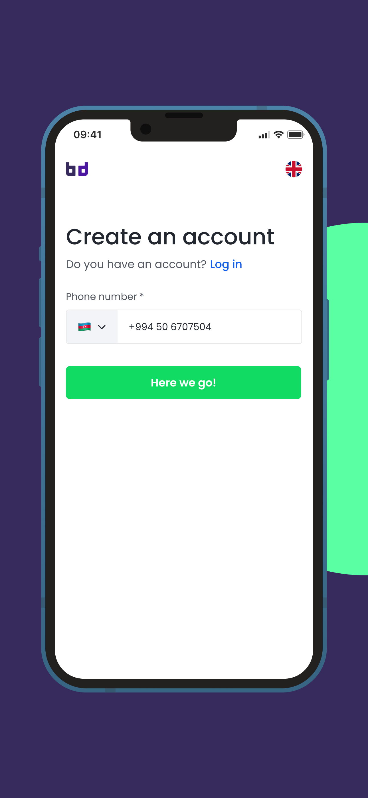 BuCard create account screen with a phone number field