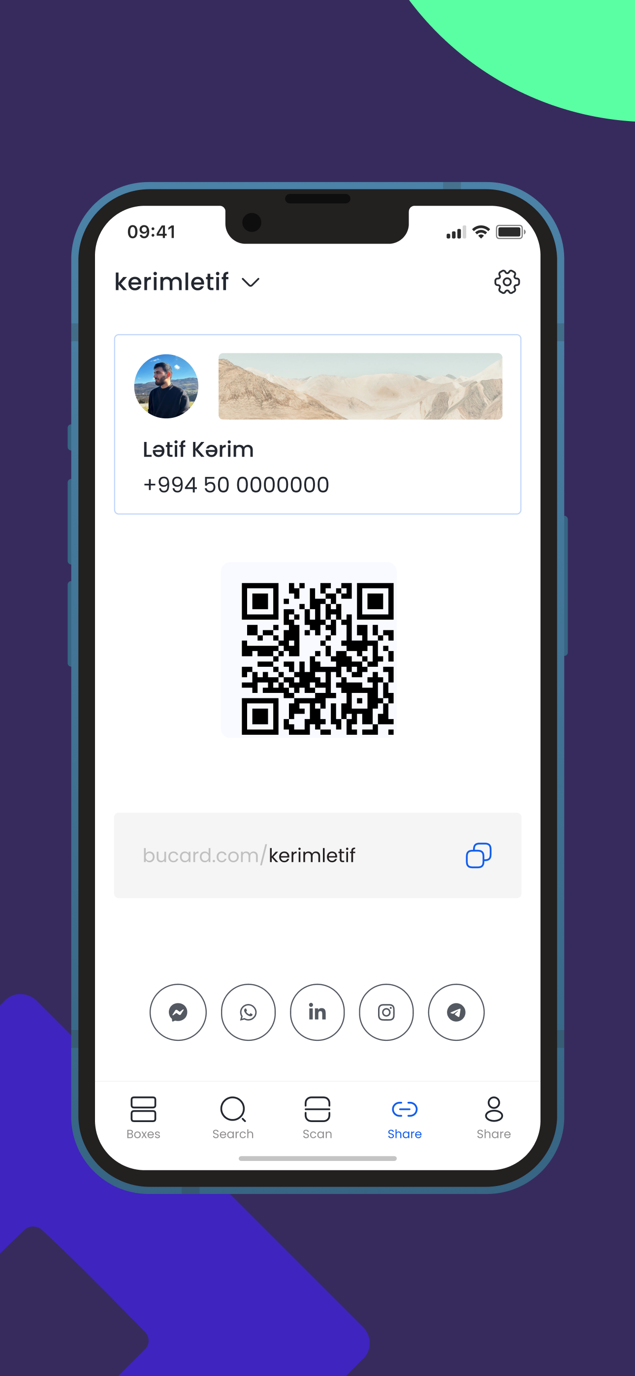BuCard share screen with QR code, unique link and social buttons