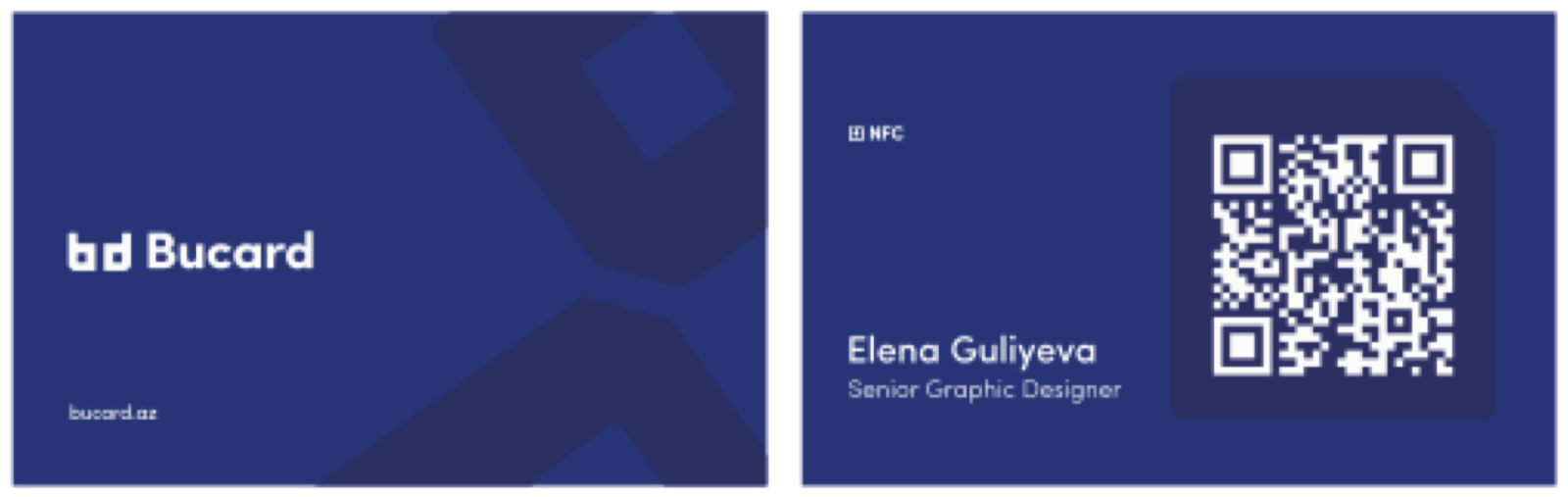 Front and back of the BuCard NFC business card with logo, name, title, NFC mark and QR code