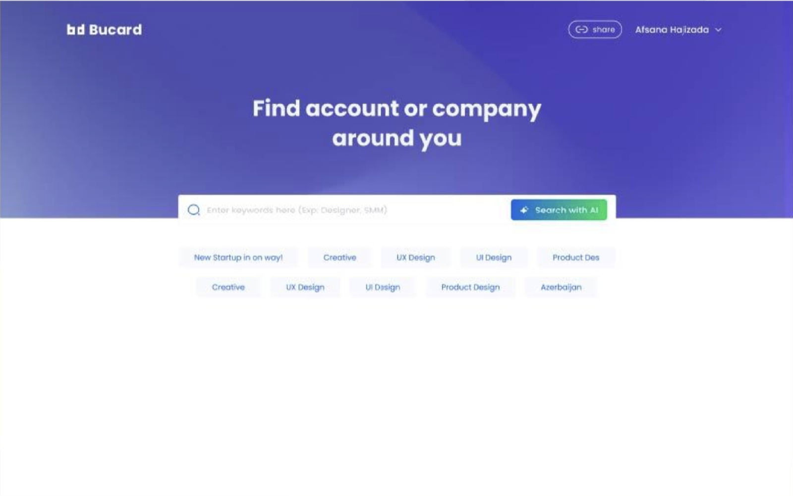 BuCard search landing with keyword chips and a Search with AI button