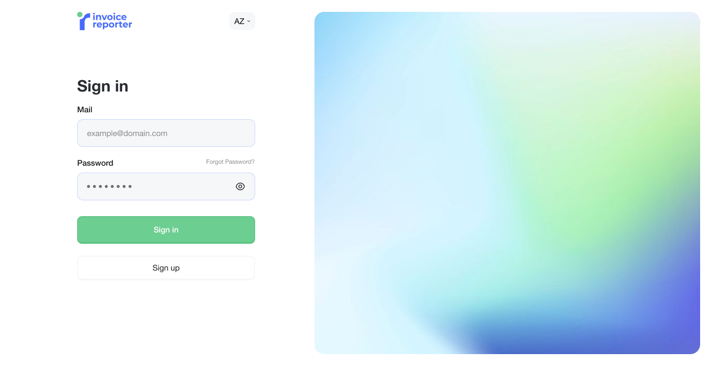 Invoice Reporter sign-in screen with email and password fields and a language switcher