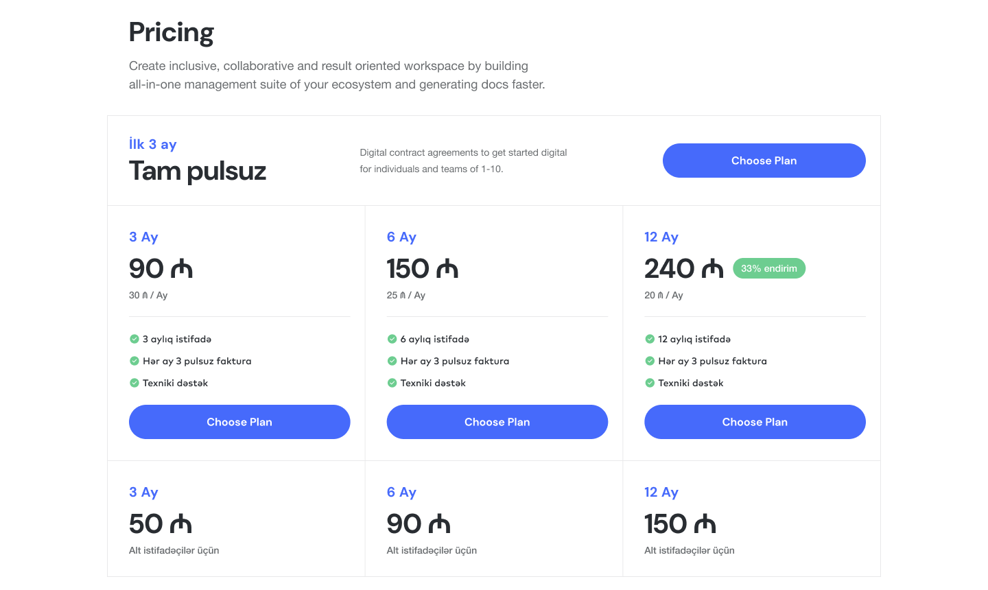 Pricing section with a free first three months and 3, 6 and 12 month plans in manats plus sub-user plans